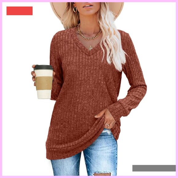 Lightweight V-Neck Long Sleeve Tunic Sweater Loose Fit Casual Top - Picture 3 of 4